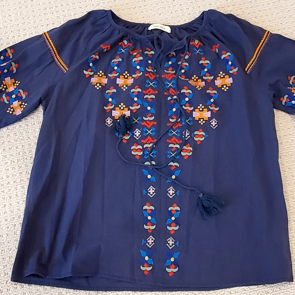 Nare Folksy Boho Embroidered Peasant Top, Blue, Cotton, Argentina, Large NEW
